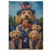 Mother Goldendoodle with Three Puppies in Patriotic Outfits and Hats Celebrating in a Summer Outdoor Setting on Ready to Hang 1.5" Thick Canvas Wrap, Floating Framed Canvas, Flat Rolled Canvas